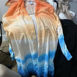 Chico's Ombre Open-Front Cardigan in Orange, Cream & Blue